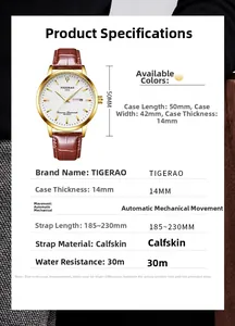 Detailed specs of automatic mechanical watch with brown leather strap and gold case