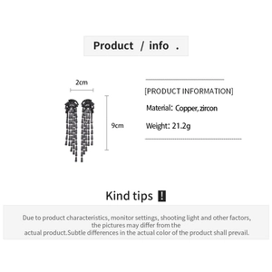 Detailed spec view of black zircon jellyfish tassel earrings with 9cm length measurements