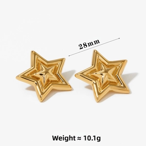 Detail of 28mm gold stainless steel star earrings with modern layered 3D concave design
