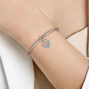 S925 sterling silver snake chain bracelet featuring a heart dolphin charm with blue zircons
