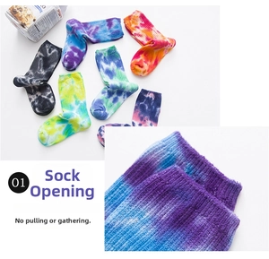 Close-up of ribbed cuffs and vibrant tie-dye patterns on these unisex crew socks