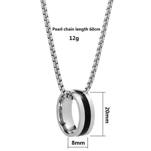 Minimalist silver steel necklace with 20mm black enamel ring pendant on 60cm box chain