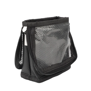 Vertical makeup brush bag in black leather with large mesh window and dual zippers