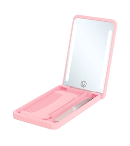 Pink portable LED makeup mirror set with folding comb and metal tweezers for travel