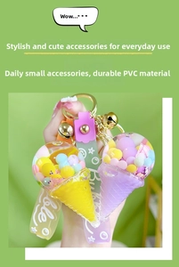 Macro detail of acrylic ice cream keychains with colorful beads and matching wristbands