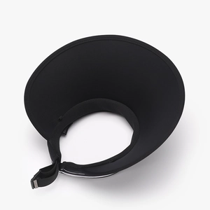 Black wide brim open top sun hat with breathable mesh lining and adjustable buckle strap