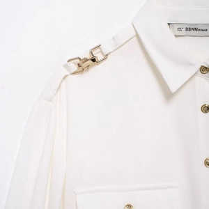 Elegant white chiffon blouse with golden shoulder buckle and button details