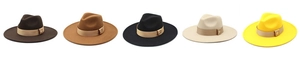 Detail view of wool felt wide brim fedoras with metal bee charms in five diverse colors