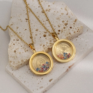 18K Gold Plated Stainless Steel Religious Saint Medal Pendant Necklace With Floating Colorful Rhinestones For Women Jewelry