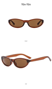 Detail view of tea-colored cat eye sunglasses frames with side temple specifications