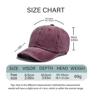Size chart for kids washed cotton baseball cap with visor and head circumference data