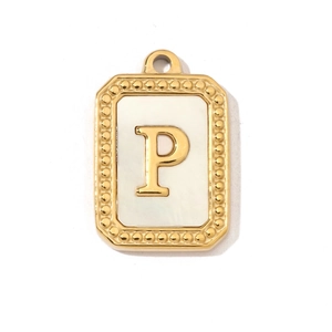 Detailed view of rectangular gold letter P pendant with white mother-of-pearl inlay