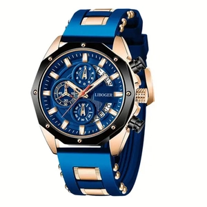 Detail of blue silicone sport watch with rose gold case and multi-dial chronograph