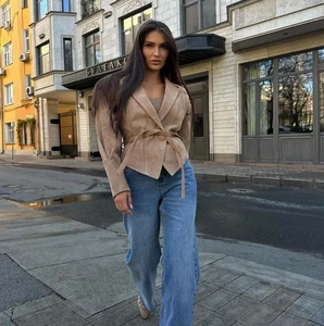Veste Courte Femme En Daim Synthétique Et Cuir PU Avec Ceinture Et Épaules Plissées Streetwear Décontracté