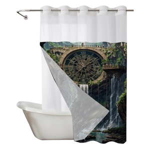 Fantasy steampunk waffle shower curtain featuring clock and waterfall landscape