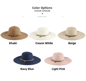 Detail of woven straw hats with ethnic beaded bands in five distinct summer colors