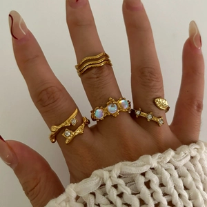 Vintage Open Adjustable Ring 316L Stainless Steel 18K Gold Plated Moonstone Zircon Leaf Branch Wave Geometric For Women