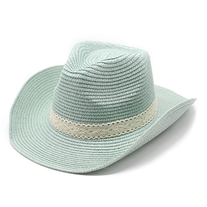 Mint green straw jazz hat with white lace trim for summer beach sun protection