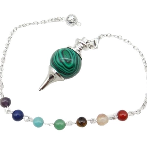 Healing natural malachite pendulum with seven chakra beads on a silver-tone metal chain