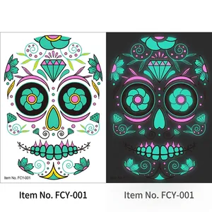 Dual-view detail of sugar skull tattoo sticker showing daytime and green luminous effect