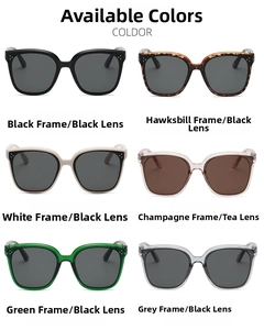 Matrix showing classic oversized square sunglasses in six diverse colors and metallic rivets