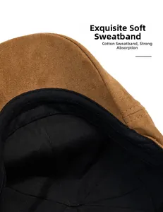 Detail of soft cotton sweatband and premium stitching inside the brown suede beret
