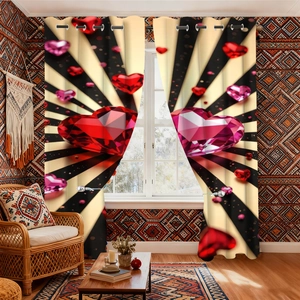 Detail of metal grommet top on velvet blackout curtain with 3D red heart gem patterns