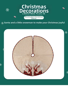 Detail of Christmas tree skirt with reindeer, white snowflakes and red plaid border