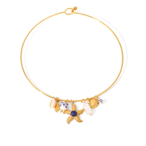 Detail of golden stainless steel collar with starfish, shell, and blue ceramic heart charms