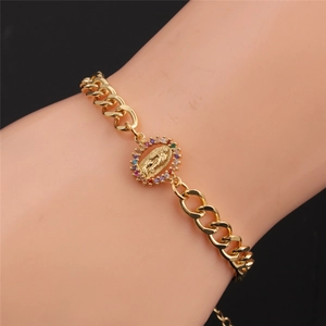 Gold plated Virgin Mary bracelet with colorful zircon stones on black background
