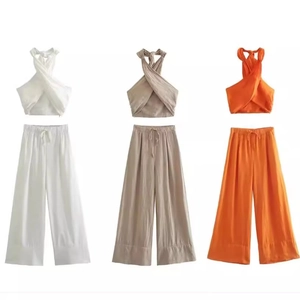 Damen Überkreuzter Neckholder Crop Top und Weite Hose mit Hoher Taille Casual Sommer Resort Stil Zweiteiler Outfit