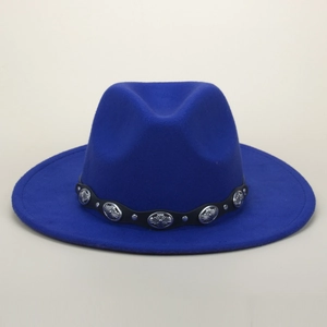 Detailed close-up of blue wool fedora hat with leather band and metal concho studs