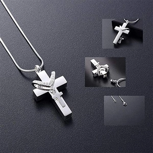 Silver stainless steel cross cremation necklace for ashes with zircon stone and snake chain