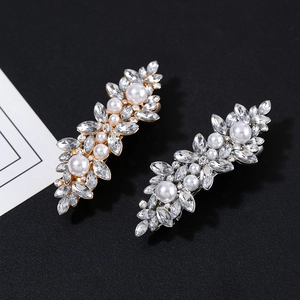 Detail of sparkling rhinestone hair clips with white pearls in gold and silver finish