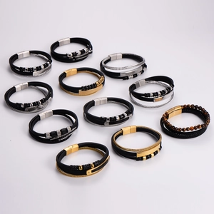 Men Multi Layer Geflochtenes Lederarmband Edelstahl Magnetverschluss Ethno Stil Perlen Armreif Modeschmuck Accessoire