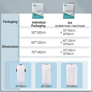 Size chart for disposable bath towels in single packs and sets with various dimensions
