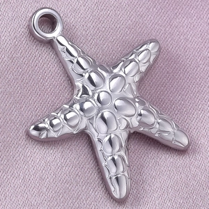 Detailed close-up of a silver 304 stainless steel starfish pendant with realistic texture