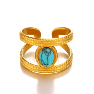 Minimalist gold stainless steel open ring with oval turquoise and beaded double band