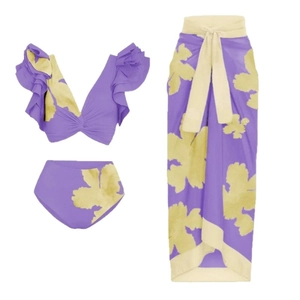 Costume da bagno 3 pezzi con volant sulle spalle, stampa floreale e pareo coordinato