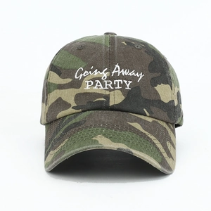 Jungle camouflage baseball cap with Going Away PARTY white 3D embroidery on front