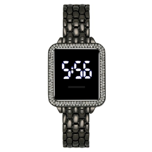 Fashionable black metal LED digital watch with rhinestone bezel and square touch screen