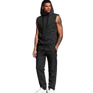 Men's sleeveless hoodie and joggers sports set in dark gray textured knit fabric
