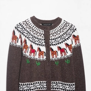 Deep brown knitted cardigan with Fair Isle horse and cactus patterns, front button closure