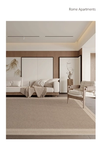 Detailed texture of beige minimalist cotton-linen carpet in a modern living room