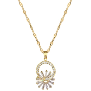 Macro detail of gold-plated flower necklace with radiant micro-pave cubic zirconia stones