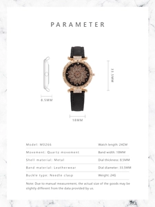 Detailed spec sheet showing starry rose gold watch dimensions and black leather strap