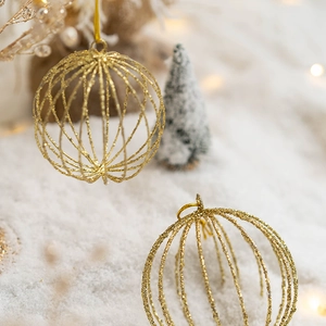 Hollow gold wire Christmas ball ornaments with glitter coating for tree and window hanging