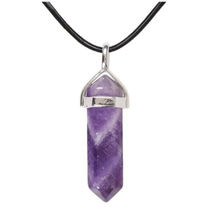 Detailed close-up of natural amethyst hexagonal prism pendant with a silver clasp and cord