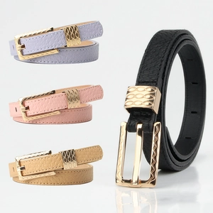 Women Narrow Geometric Waist Belt PU Leather Thin Retro Dopamine Colors Decorative Gold Alloy Pin Buckle