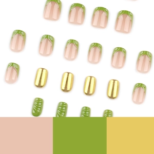 French green press-on nails with 3D texture and gold chrome mirror finish